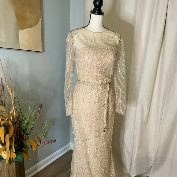 Tarik Ediz | Dresses | Stunning Tarik Ediz Evening Gown Long Sleeve  Champagne Size Only Worn Once | Poshmark